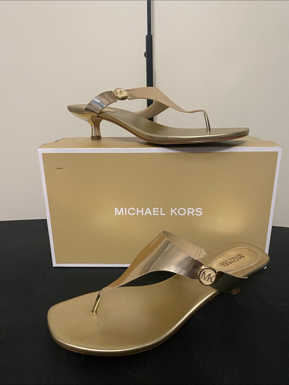 Michael Kors Metallic Gold Thong Kitten Heel Sandals